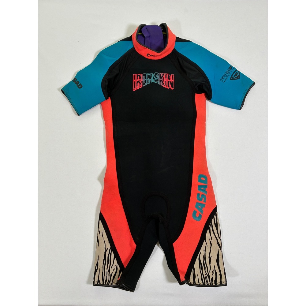 Vintage Casad Ironskin Shorty Wetsuit Black Teal Orange Tiger Stripe FreeFLX M